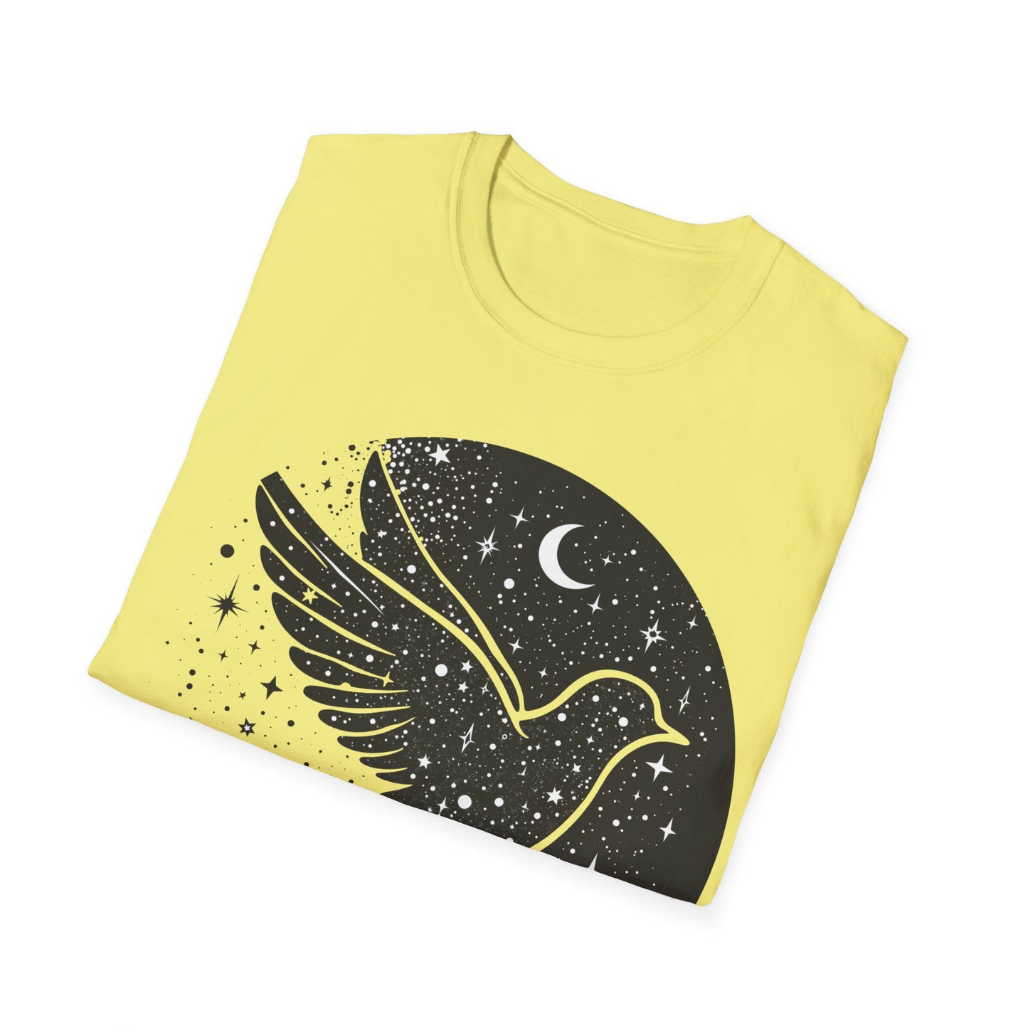 Celestial Bird Unisex Softstyle T-Shirt - Cosmic Aesthetic Tee for Nature Lovers