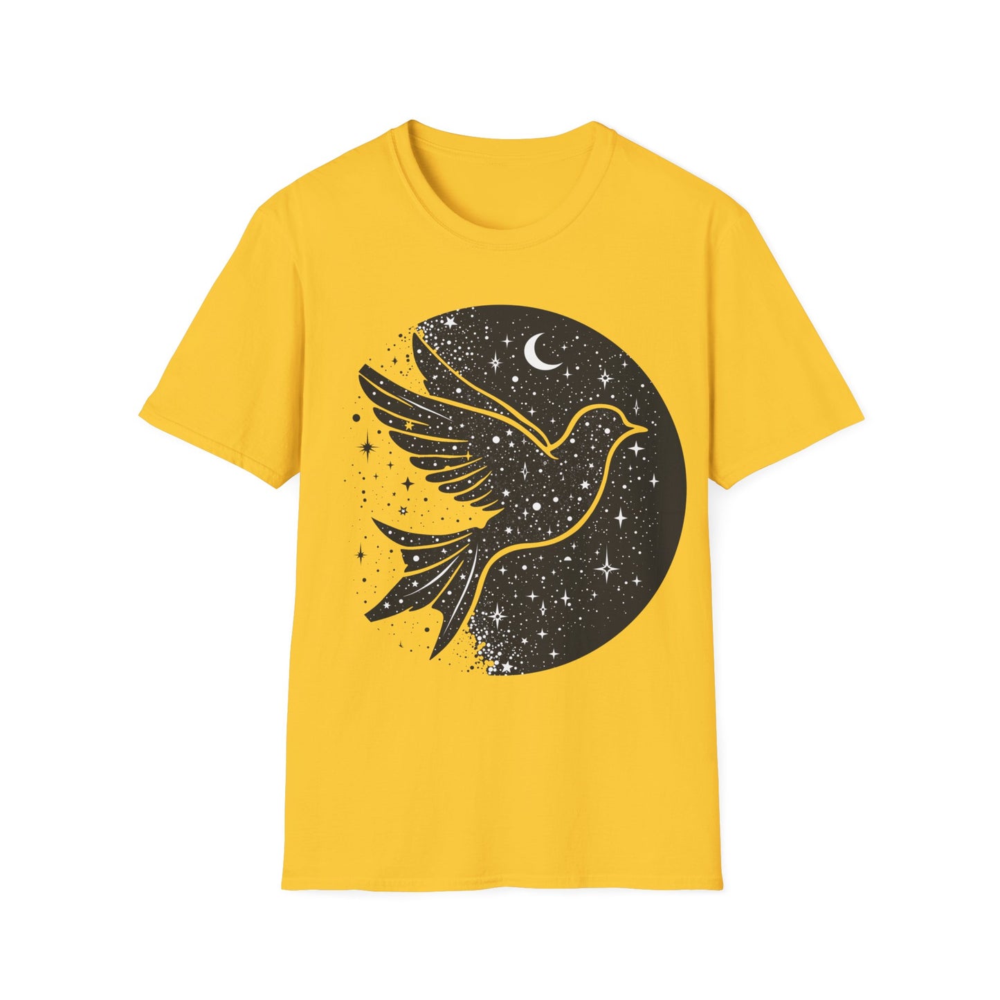 Celestial Bird Unisex Softstyle T-Shirt - Cosmic Aesthetic Tee for Nature Lovers