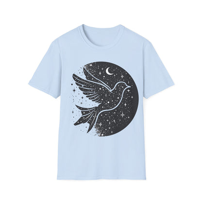 Celestial Bird Unisex Softstyle T-Shirt - Cosmic Aesthetic Tee for Nature Lovers