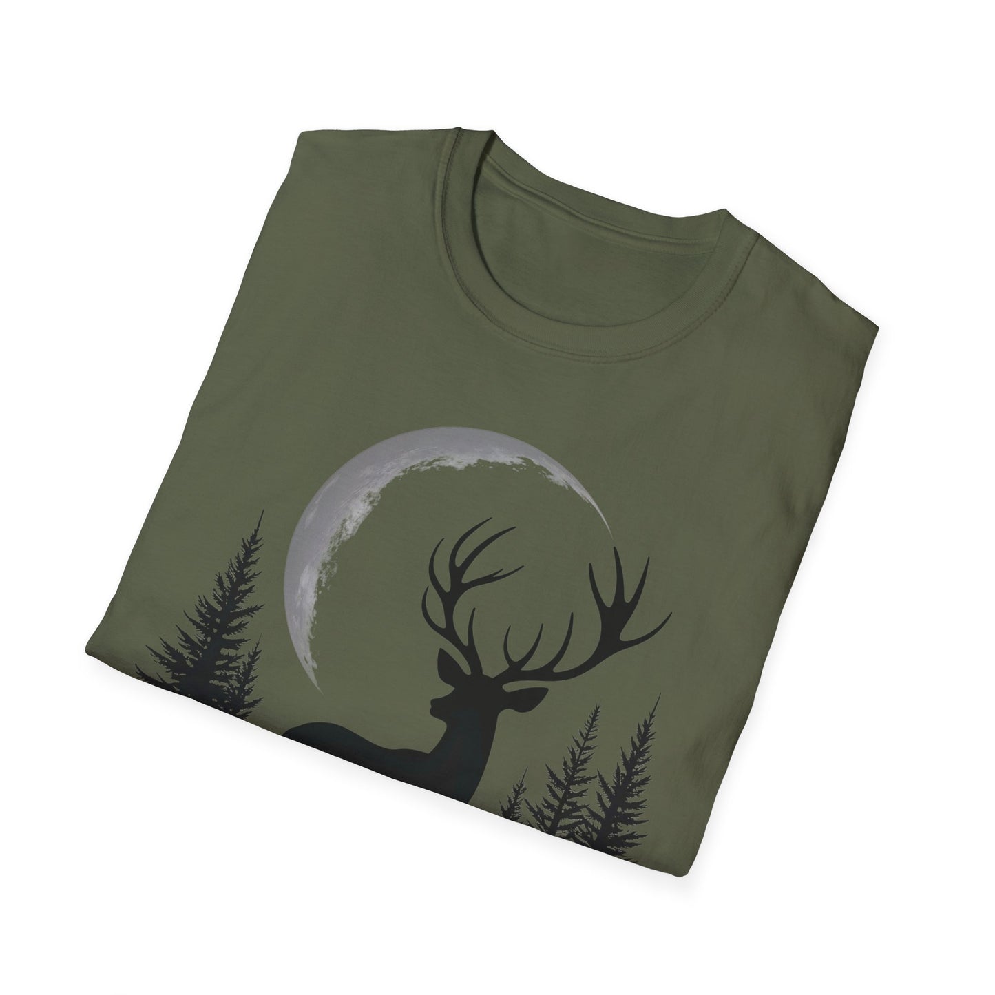 Moonlit Deer Unisex Softstyle T-Shirt – Nature Lover's Tee for Outdoor Enthusiasts