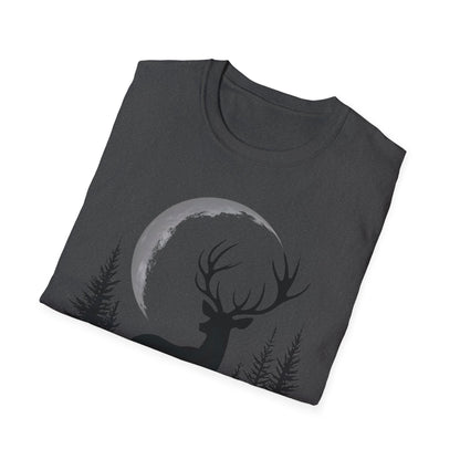 Moonlit Deer Unisex Softstyle T-Shirt – Nature Lover's Tee for Outdoor Enthusiasts