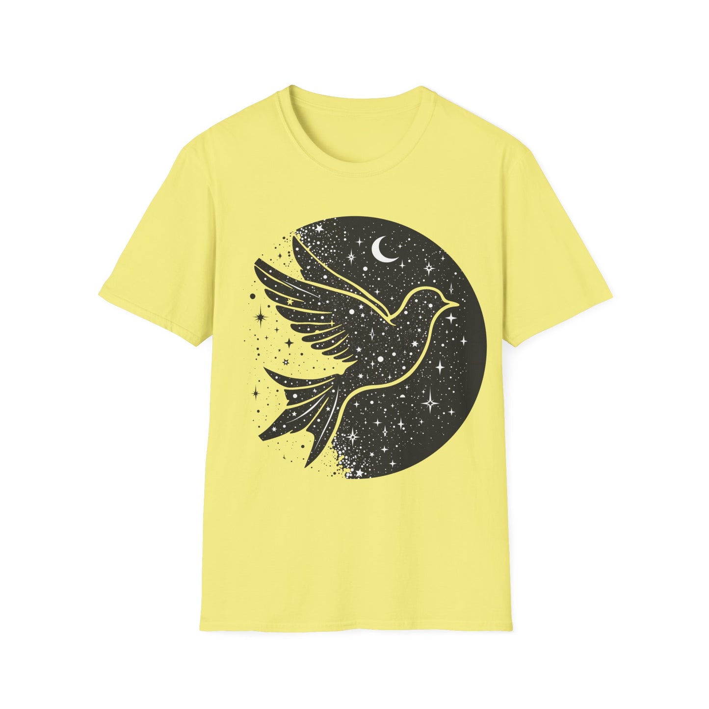 Celestial Bird Unisex Softstyle T-Shirt - Cosmic Aesthetic Tee for Nature Lovers