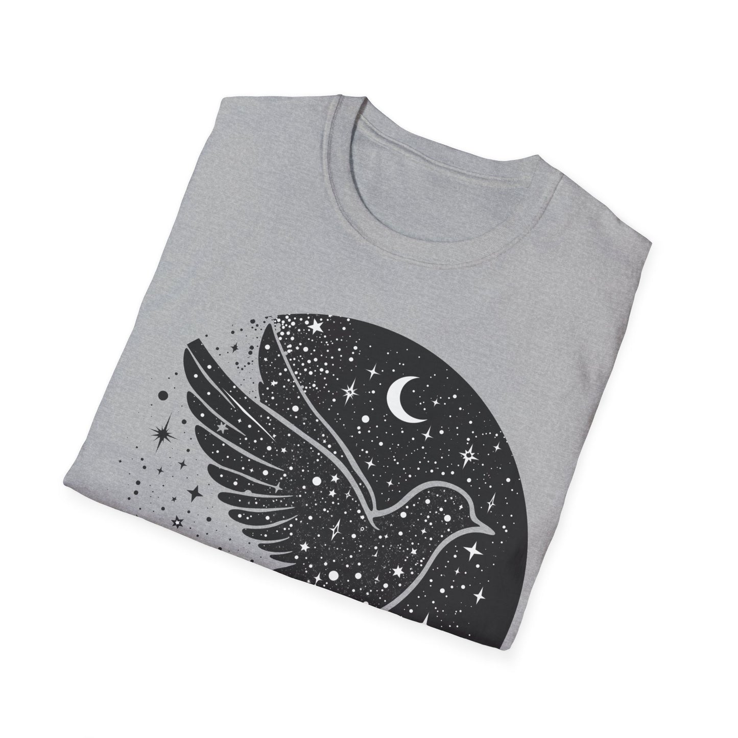 Celestial Bird Unisex Softstyle T-Shirt - Cosmic Aesthetic Tee for Nature Lovers