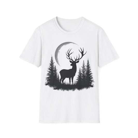 Moonlit Deer Unisex Softstyle T-Shirt – Nature Lover's Tee for Outdoor Enthusiasts