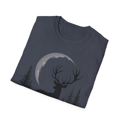 Moonlit Deer Unisex Softstyle T-Shirt – Nature Lover's Tee for Outdoor Enthusiasts