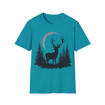 Moonlit Deer Unisex Softstyle T-Shirt – Nature Lover's Tee for Outdoor Enthusiasts