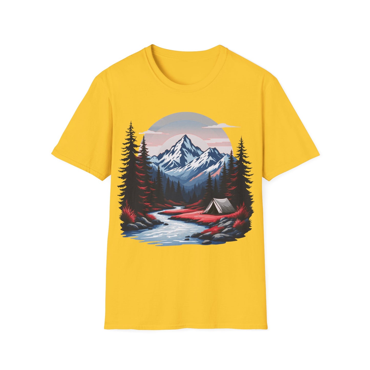 Adventure Awaits Unisex Softstyle T-Shirt - Mountain Camping Graphic Tee