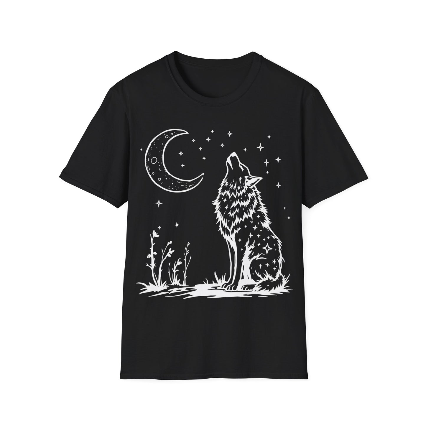 Howling Wolf Softstyle T-Shirt - Boho Moon Graphic Tee for Nature Lovers