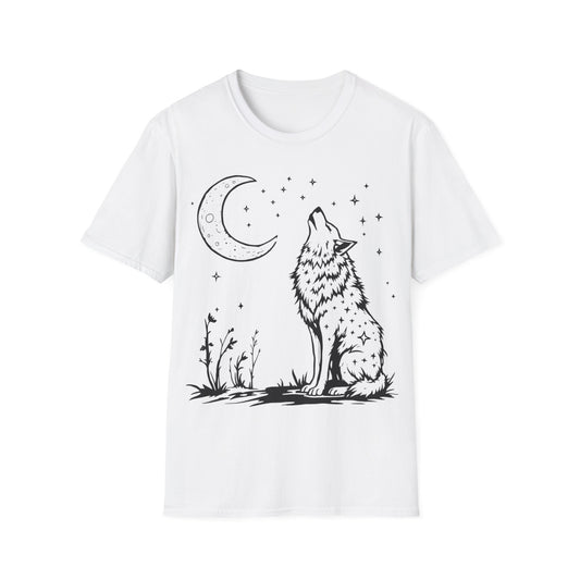 Howling Wolf Softstyle T-Shirt - Boho Moon Graphic Tee for Nature Lovers