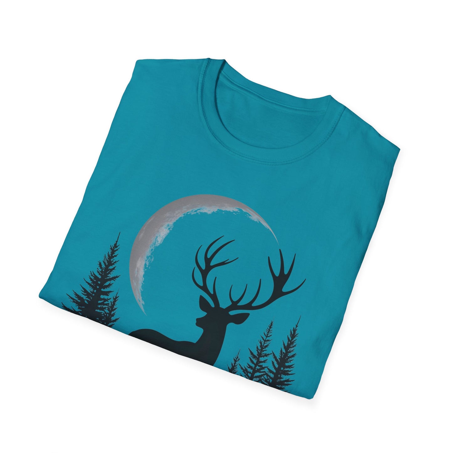 Moonlit Deer Unisex Softstyle T-Shirt – Nature Lover's Tee for Outdoor Enthusiasts