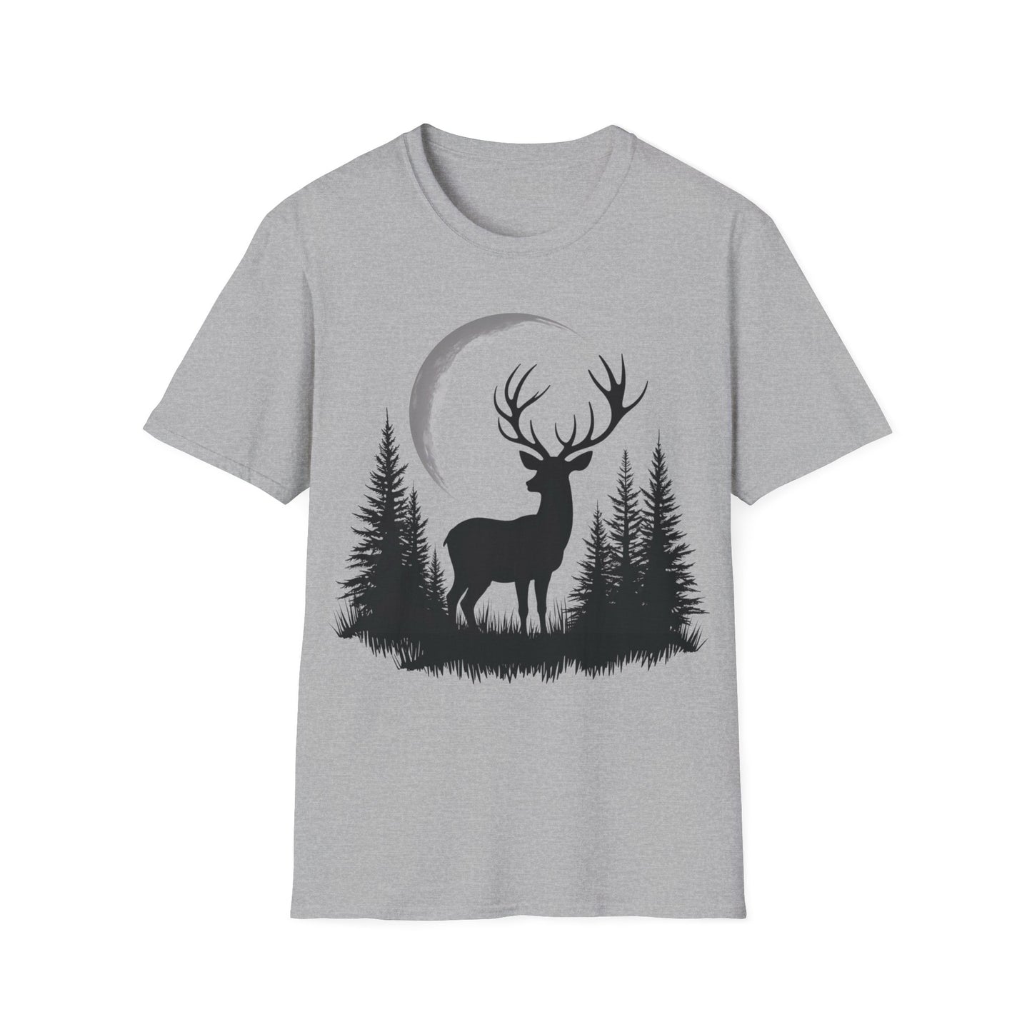 Moonlit Deer Unisex Softstyle T-Shirt – Nature Lover's Tee for Outdoor Enthusiasts