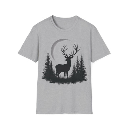 Moonlit Deer Unisex Softstyle T-Shirt – Nature Lover's Tee for Outdoor Enthusiasts