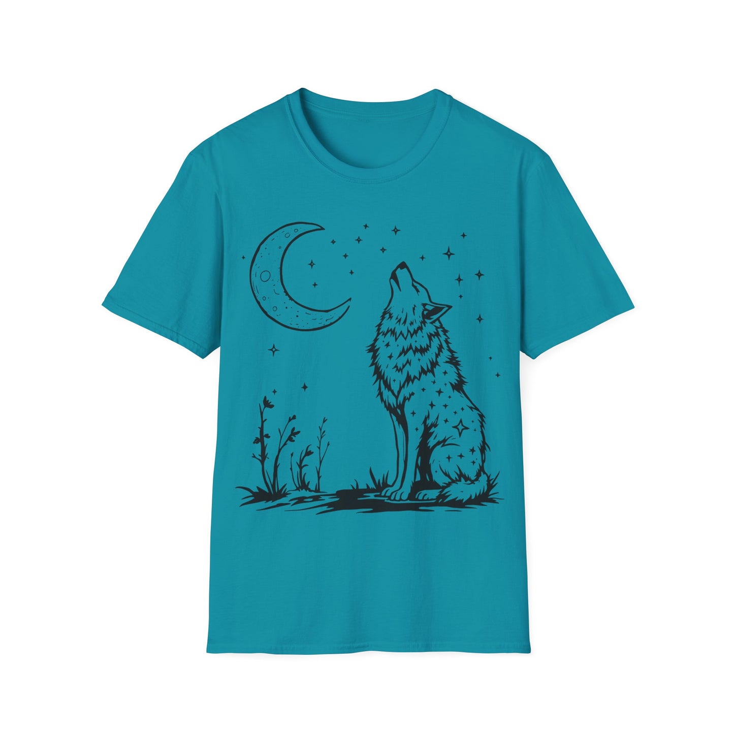 Howling Wolf Softstyle T-Shirt - Boho Moon Graphic Tee for Nature Lovers