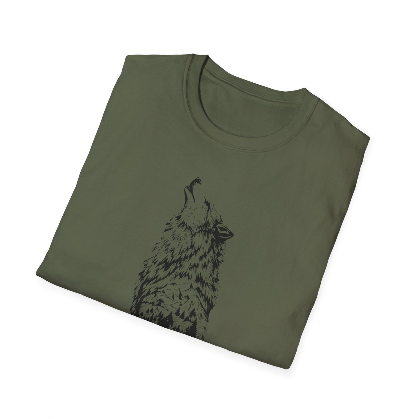 Howling Wolf Unisex Softstyle T-Shirt – Nature Inspired Graphic Tee for Outdoor Enthusiasts