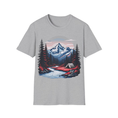 Adventure Awaits Unisex Softstyle T-Shirt - Mountain Camping Graphic Tee