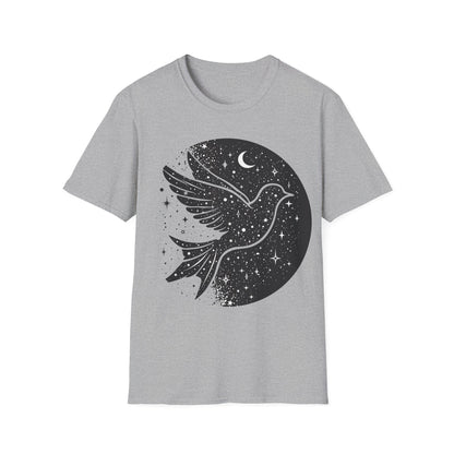 Celestial Bird Unisex Softstyle T-Shirt - Cosmic Aesthetic Tee for Nature Lovers