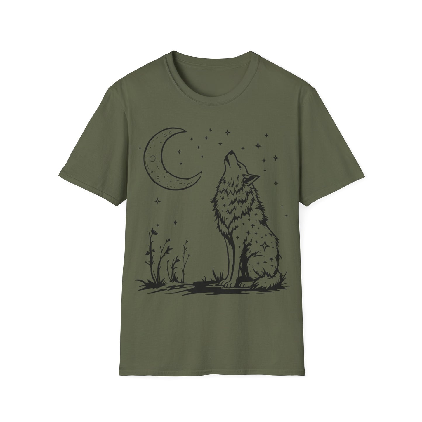 Howling Wolf Softstyle T-Shirt - Boho Moon Graphic Tee for Nature Lovers