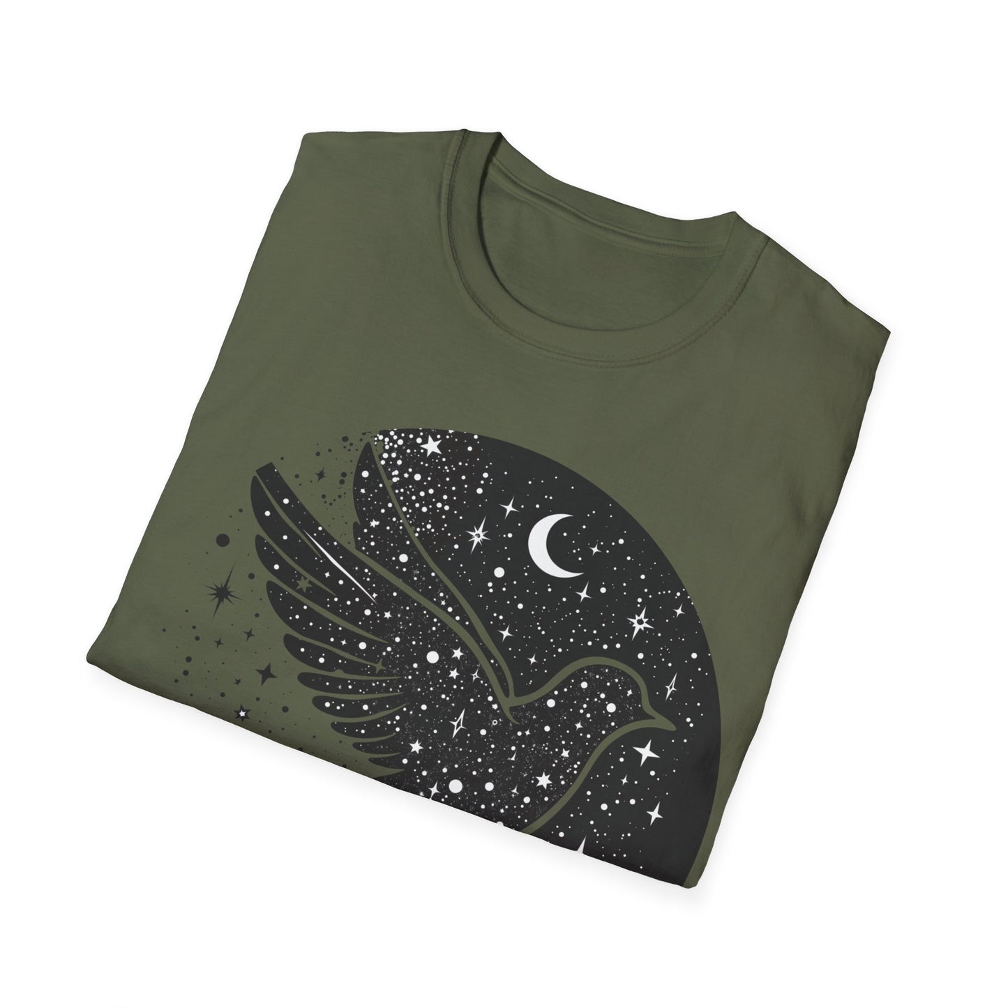 Celestial Bird Unisex Softstyle T-Shirt - Cosmic Aesthetic Tee for Nature Lovers