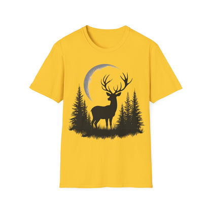 Moonlit Deer Unisex Softstyle T-Shirt – Nature Lover's Tee for Outdoor Enthusiasts