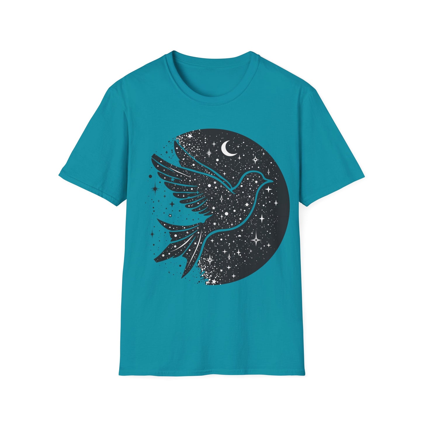 Celestial Bird Unisex Softstyle T-Shirt - Cosmic Aesthetic Tee for Nature Lovers